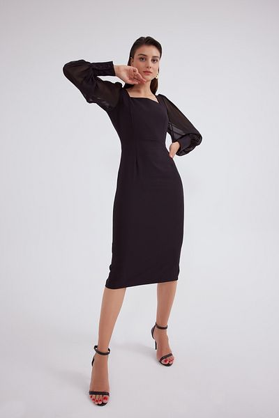 Sateen Rochie din crepon cu maneca sifon - neagra