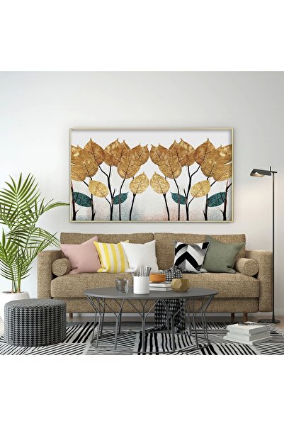 KOLAJTASARIM Gold Çiçekler Temalı Tekli Metal Çerçeveli Yatay Tablo /S