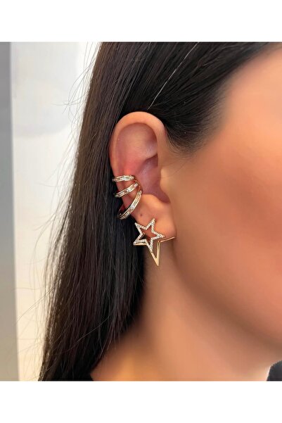 SU PERİSİ TAKI BİJUTERİ Vip Seri Gold Zirkon Taşlı 3 lü Görünümlü Kıkırdak Kü...