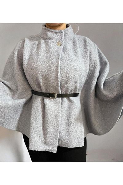 Butik Beyza Single Button Belted Boucle Fabric Kimono Poncho