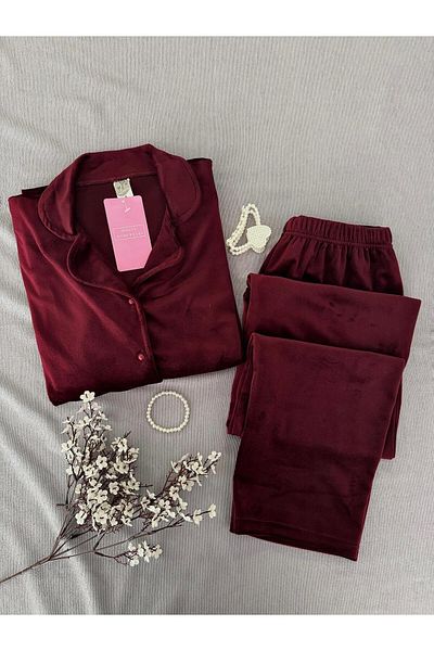 MH Moony Homewears Комплект мека зимна кадифена пижама от 2 части бордо червена риза Kyle