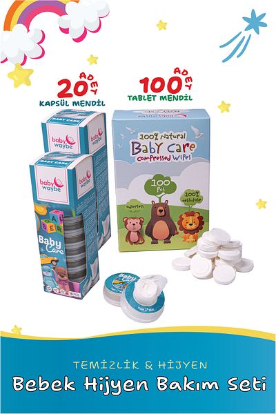 babywaybe Compressed Tablet Wipes for Babies 100 Pcs and Cleaning Hygiene Capsule Wipes 20 Pcs