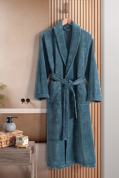 VAVEY Bavlněný sametový župan s límečkem Unisex Petrol Green