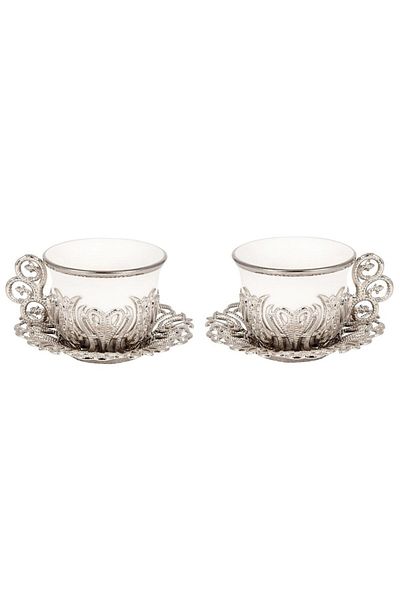KT HOME Turkish Coffee Presentation Set of 2 - Metal and Porcelain Coffee Cup, Groom Cup