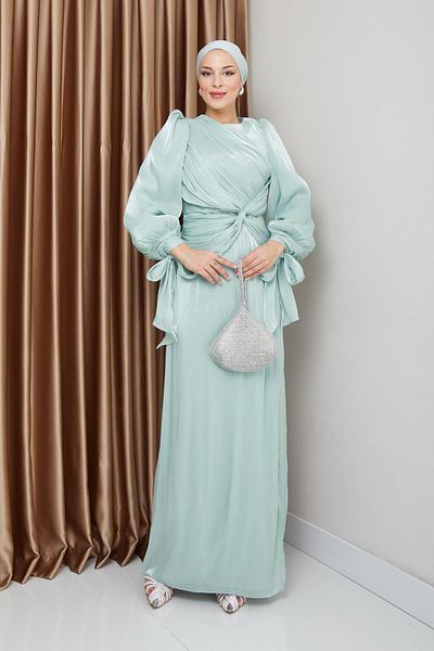 Olcay Yoryo Seiden-Hijab-Abendkleid – Volant- und Schleifendetail, Ärmelschnürkleid MİNT 1224
