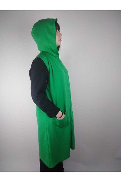 YAŞAR TRİKO Women's Pistachio Green Hooded Button Pocket Sleeveless Two Thread Long Vest