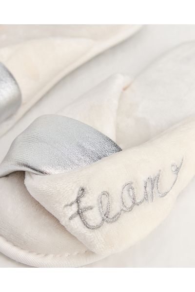 Chirpy Bride Team - White Women's Slippers with Writing