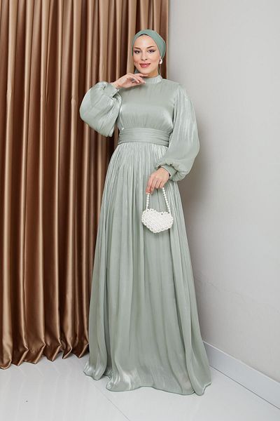 Olcay Hellgrünes Hijab-Abendkleid aus Seide mit Schärpe und Kordelzug, Yoryo-Modell 1225