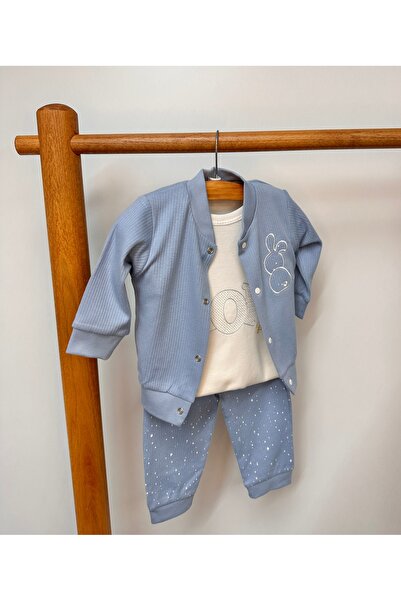 Butik Erkek Bebek Mavi Üçlü Hırkalı Takım