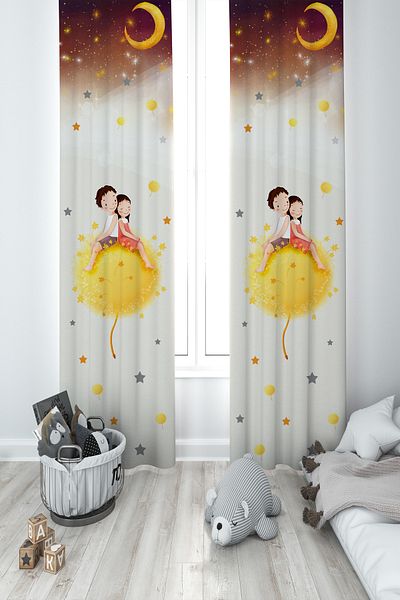 MEKTA HOME BABY AND CHILDREN'S ROOM Cute Kids Star Patterned 2 Wing Background Curtain