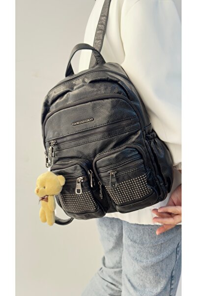 Just Polo حقيبة ظهر نسائية سوداء متوسطة الحجم مصنوعة من الجلد المغسول Jp4040