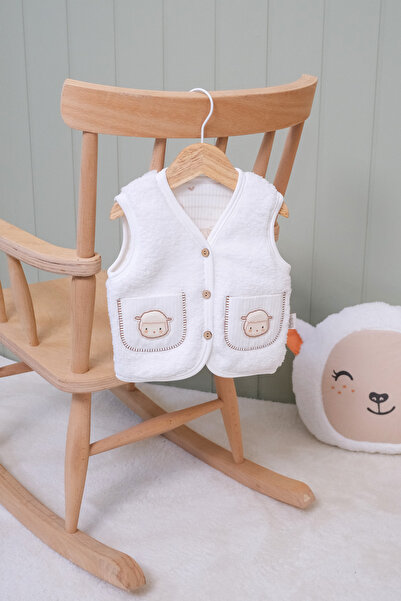 BABYLİM Unisex Baby Vest - Lamb Pocket, Embroidered Lined, Coconut Button