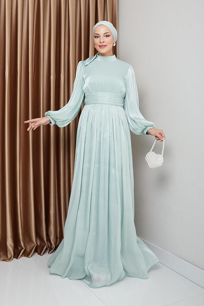 Olcay Hijab-Abendkleid aus Seide – mit Schärpe und Kordelzug, Yoryo MINT 1225