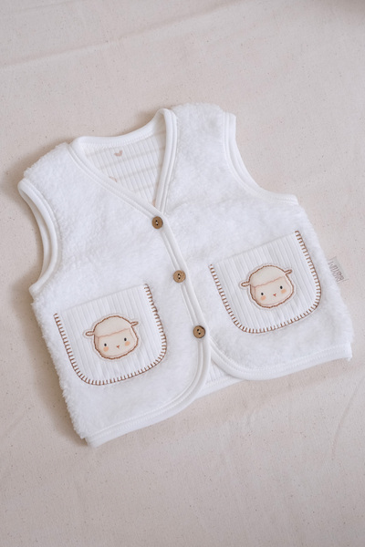 BABYLİM Unisex Baby Vest - Lamb Pocket, Embroidered Lined, Coconut Button