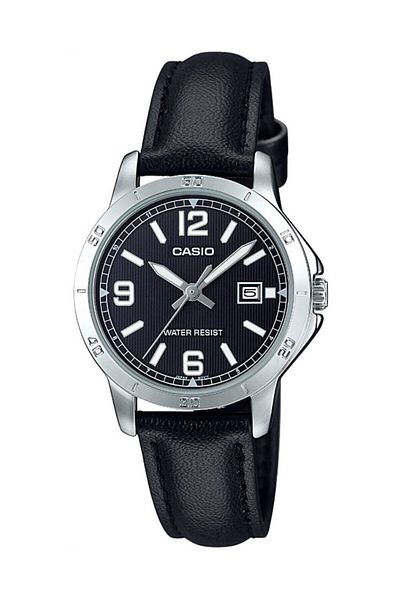 Casio ساعة يد نسائية بحزام فضي باللون الأسود