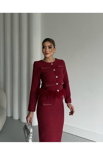 1Moda1Tarz طقم كارديجان نسائي مصنوع من قماش تويد مستورد ومزين بجيب لؤلؤي ومبطن بتصميم خاص