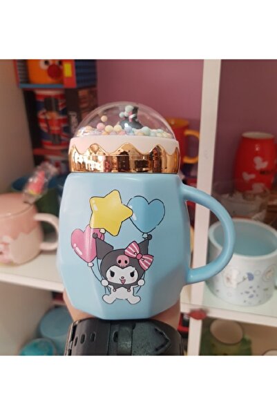 hediyeconcepti 500ml Sevimli Sanrio Kawai Kuromi Seramik Kapaklı Kaşıklı Kupa Bardak