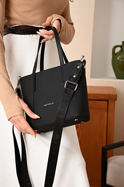 Just Polo حقيبة يد وكتف نسائية سوداء بحزام سميك JPM6047