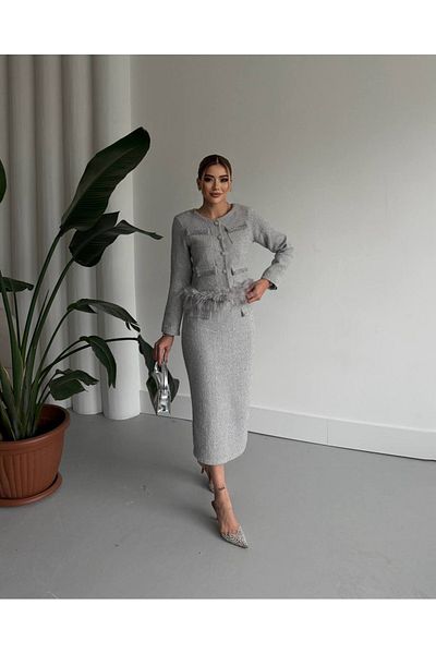 1Moda1Tarz Women's Imported Tweed Fabric Pearl Pocket Detail Otrish Lined Special Design Dress Cardigan Set