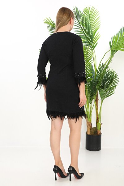 etselements Stylish Midi Length Evening Dress with Otriş and Stone Detail