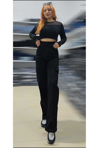 LAMİRA Pantaloni negri cu talie foarte înaltă Lycra Cargo Pocket Palazzo Wide Leg Jean