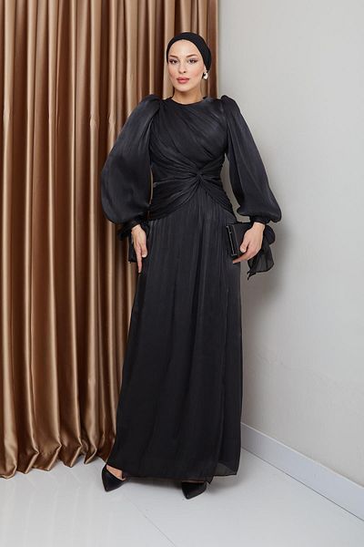 Olcay Yoryo-Abendkleid aus Seide mit Volant- und Schleifendetail, Schnürung an den Ärmeln, Schwarz 1224