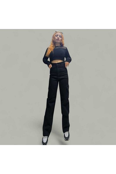 LAMİRA Pantaloni negri cu talie foarte înaltă Lycra Cargo Pocket Palazzo Wide Leg Jean