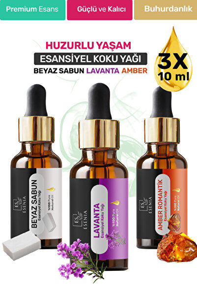 ESENIA Beyaz Sabun Lavanta Amber 3'lü Set Esansiyel Uçucu koku Yaği oda Buhur...