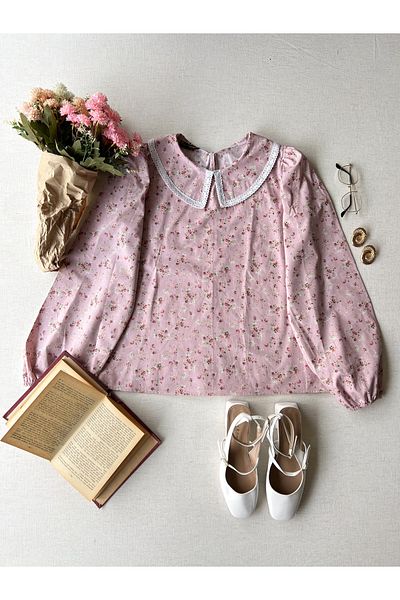 KÜÇÜĞÜM BUTİK Ροζ-Βουργουνδί Floral Βρεφικός Γιακάς Vintage Δαντέλα Μπλούζα Ποπλίνα