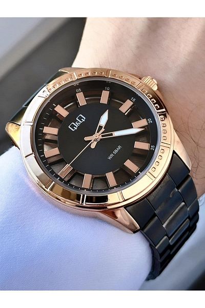 Q&Q Men's Rose Glass Cover Transparent Modern Dial Black Metal Cord Analog Watch