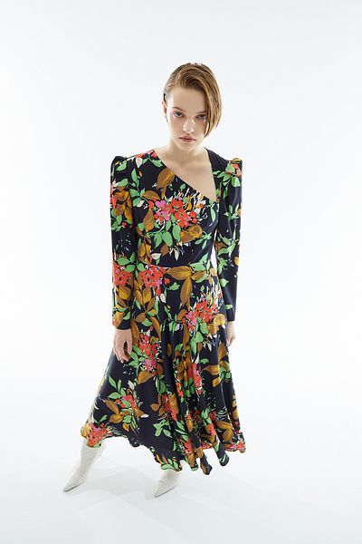 Jus De Pommes Floral Patterned Asymmetrical Collar Long Sleeve Midi Dress