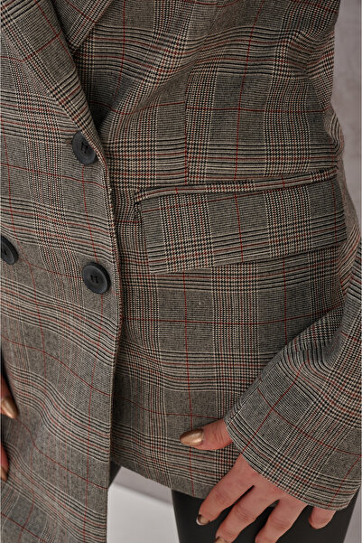 SHUGAA KADIN ASİMETRİK KESİM EKOSE BLAZER DÜĞME DETAYLI ŞIK CEKET