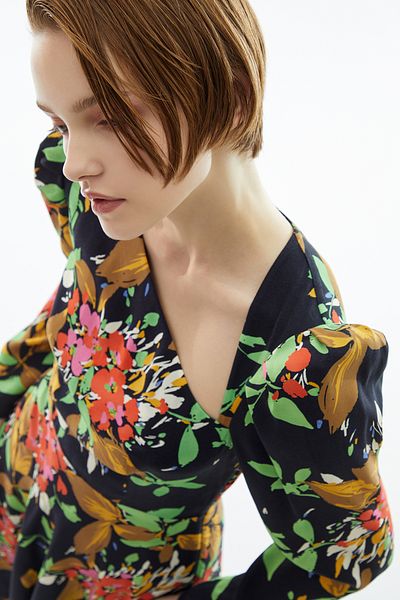Jus De Pommes Floral Patterned Asymmetrical Collar Long Sleeve Midi Dress
