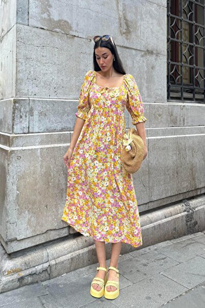 FOR YOU MODA Doğal Viskon Bel Büzgülü Desenli Yırtmaçlı Uzun Sarı Elbise