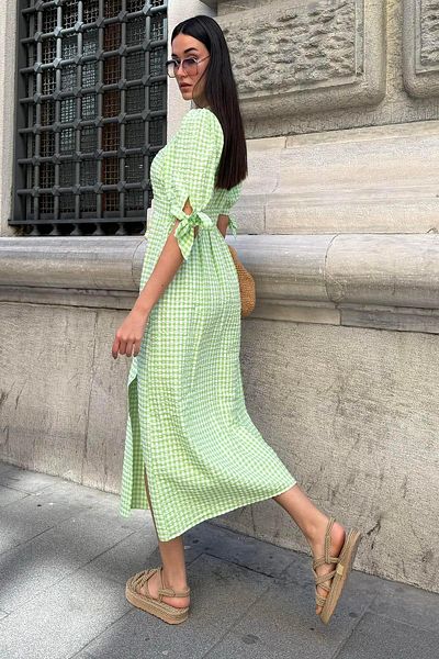 FOR YOU MODA Φυσικό Viscose Seersucker καρό με σκίσιμο μακρύ πράσινο φόρεμα
