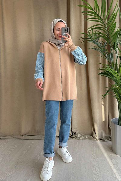 Ka Hijab Camel Knitwear Hijab Cardigan - Μανίκια με τζιν λεπτομέρεια