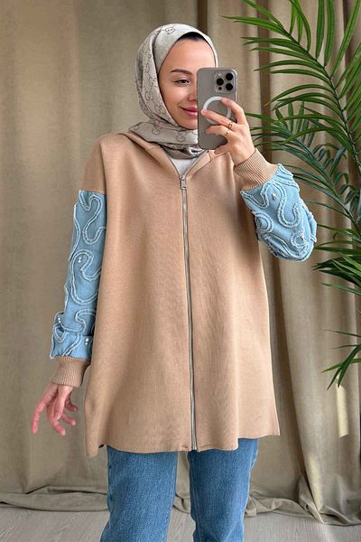 Ka Hijab Camel Knitwear Hijab Cardigan - Μανίκια με τζιν λεπτομέρεια