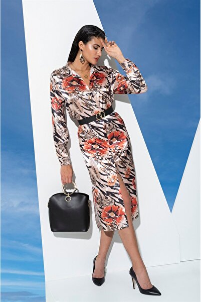 FOR YOU MODA Satin Red Floral Patterned Dress