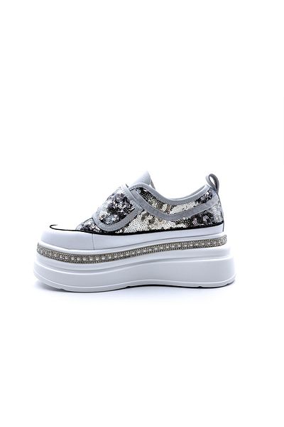 Guja High Sole Stone Sequin Detailed Women's Gray Velcro Stylish Sports Shoes