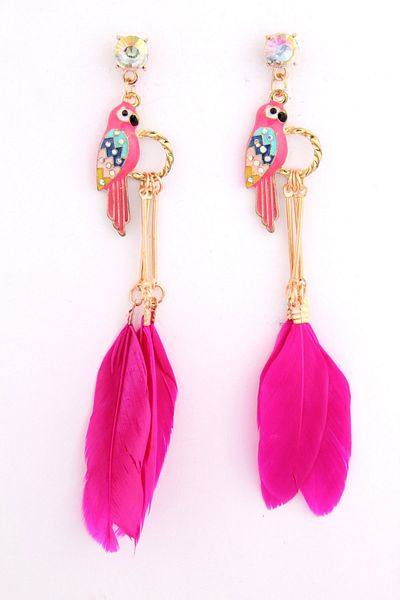 Pelin Aksesuar Fuchsia Feather Parrot Earrings