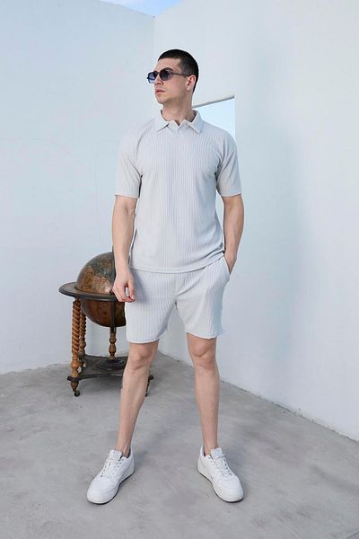 Pobudo Polo Neck Gray Shorts T-Shirt Set - Twist Fabric