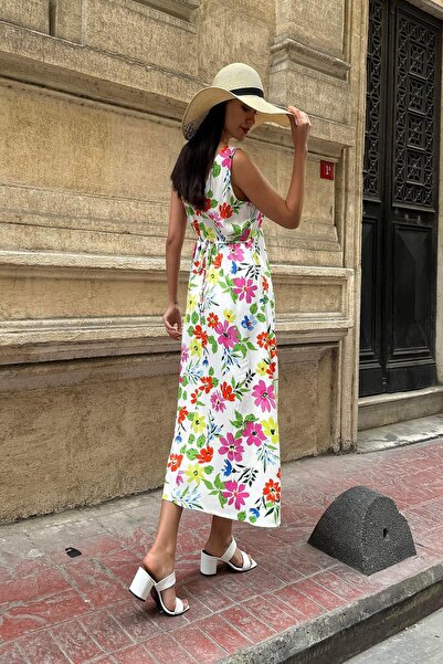 FOR YOU MODA Μακρύ φούξια φόρεμα με στάμπα με λαιμόκοψη από φυσική βισκόζη