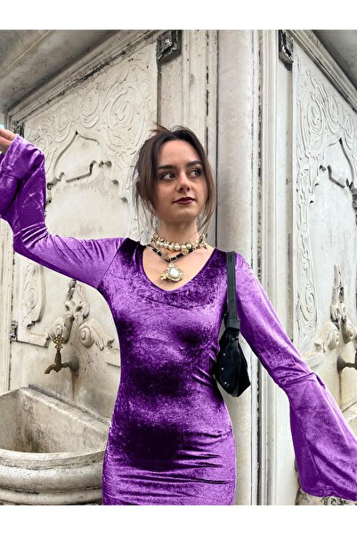 Butik Kadın Kadife Şık Elbise Dar Kesim