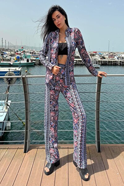 FOR YOU MODA 3-Piece Viscose Patterned Bustier Pants Red-Blue Set