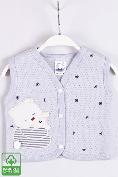 Miniel Unisex Baby Teddy Bear Embroidered Organic Cotton 1-3-6-9 Months Quilted Baby Vest - Gray