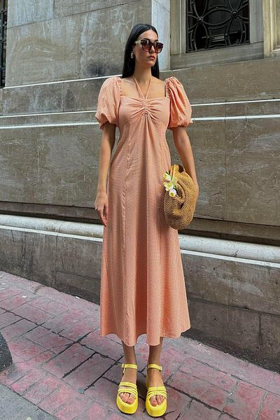 FOR YOU MODA Μακρύ πορτοκαλί φόρεμα με φυσικό λαιμό βισκόζης