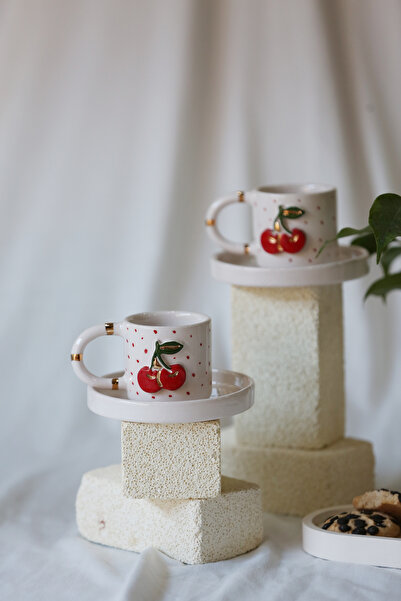 MERVEOKTAYSERAMİK 2'li el yapımı kirazlı türk kahvesi fincanı