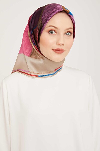 Armine Pembe Geometrik Desenli Tivil Ipek Eşarp 9002-54