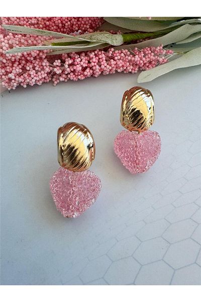 Pelin Aksesuar Crystal Look Pink Heart Design Earrings
