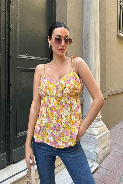 FOR YOU MODA Natural Viscose Strap Gather Detailed Patterned Yellow Blouse